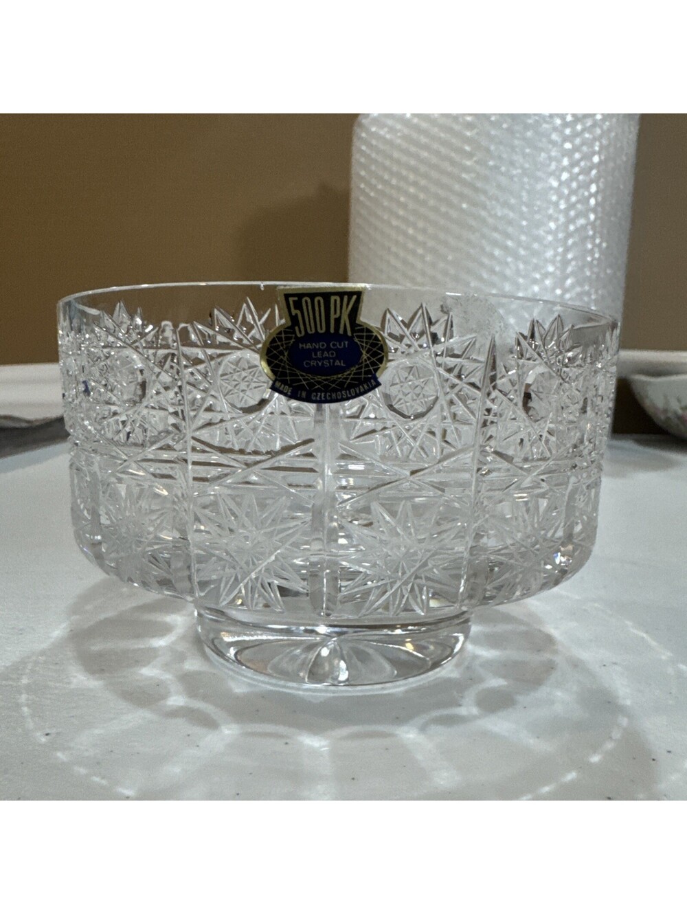 vintage hand-cut lead crystal footed bowl,starburst and geometric cut- 1970-1980
